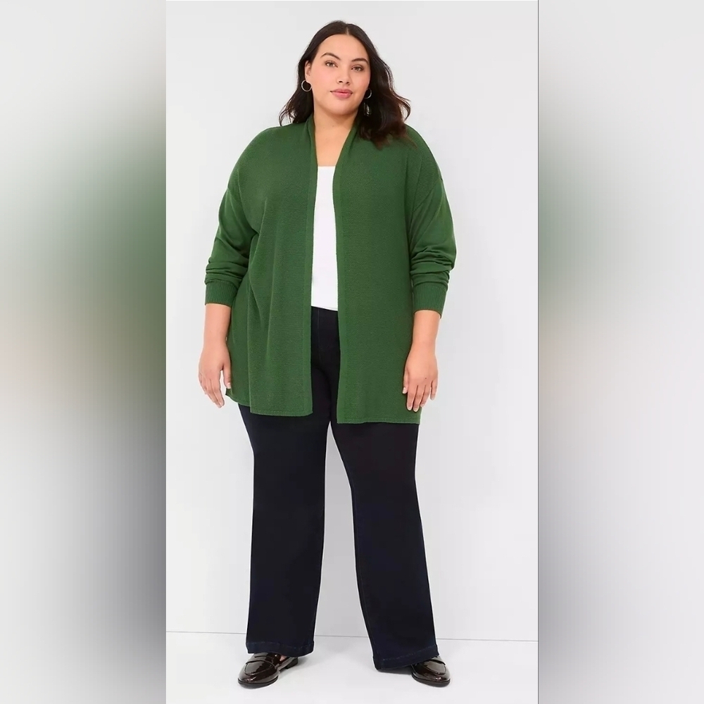 Lane Bryant Sweater Womens 22/24 Green Eyelet Knit Open Front Cardigan Tunic